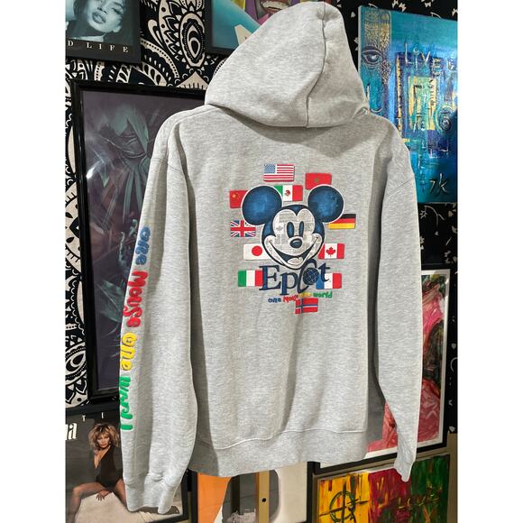 Rare Vintage Mickey Mouse Disney World Epcot Gray Zip Up Hoodie Puff Print M - Picture 1 of 8